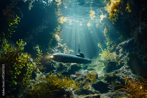 Beautiful large bathyscaphe floating in middle of deep ocean during exploration, abstract vivid composition consists of fictional unreal fantastic vision on background photo