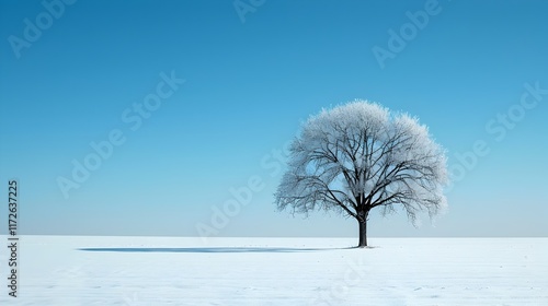 Stark Solitude: A Single Tree in a Vast Snowy Field Under a Clear Blue Sky photo