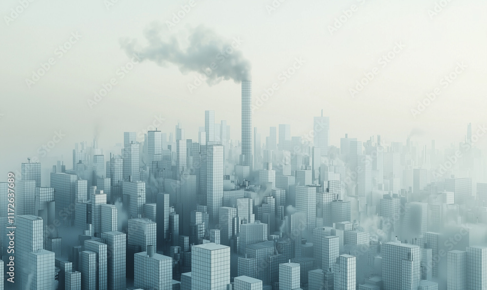 A hazy urban skyline with factories emitting smoke, illustrating industrialization and pollution in a modern cityscape. A hazy urban skyline with factories emitting smoke, illustrating industrialization and pollution in a modern cityscape.