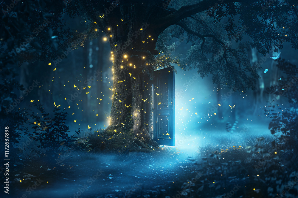 Fototapeta premium Fantastically beautiful door in wild forest leading to deep unknown, abstract vivid composition consists of fictional unreal fantastic vision on background