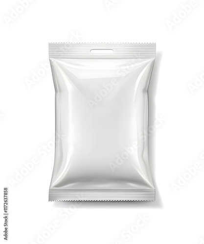 Blank silvar plastic bag. Food snack, chips packaging isolated on white beckground, use for template your design. rendering mockup template photo