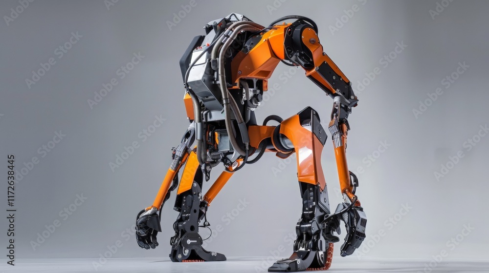 Orange Robotic Exoskeleton Suit Walking with Bent Legs and Cables Orange Robotic Exoskeleton Suit Walking with Bent Legs and Cables
