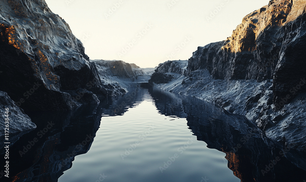 A tranquil river flows between rocky cliffs, reflecting soft light in a serene landscape. A tranquil river flows between rocky cliffs, reflecting soft light in a serene landscape.