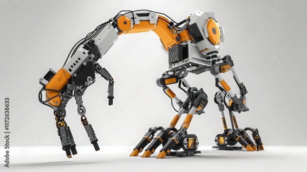 Orange and White Robotic Arm Creature on White Background Orange and White Robotic Arm Creature on White Background