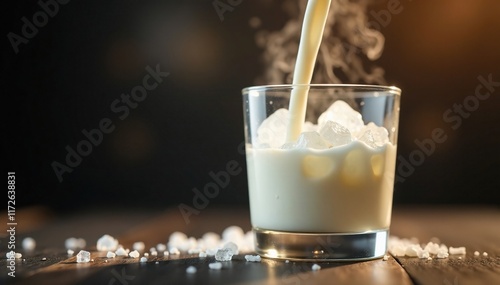 Steaming hot milk flows into a glass filled with ice, warm, container, beverage photo