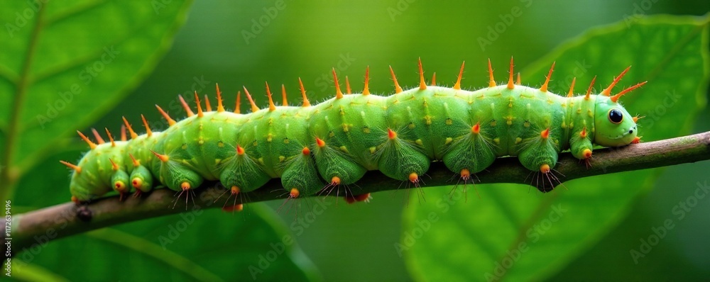 Fototapeta premium Three moulting caterpillars on a stem with green leaves, moulting, insects