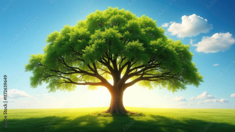 Fototapeta premium A single tree stands tall in a vast field of green grass, reaching towards a bright blue sky with fluffy clouds. The image evokes a sense of peace, tranquility, and the beauty of nature