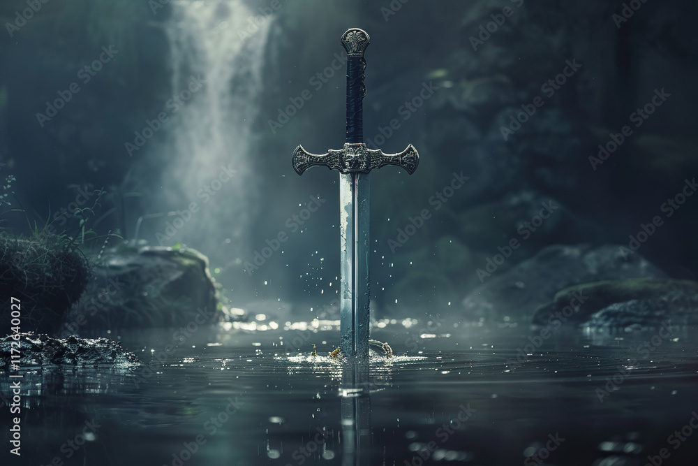 Naklejka premium Fantastic weapon royal sword with beautiful handle and sharp blade, abstract vivid composition consists of fictional unreal fantastic vision on background