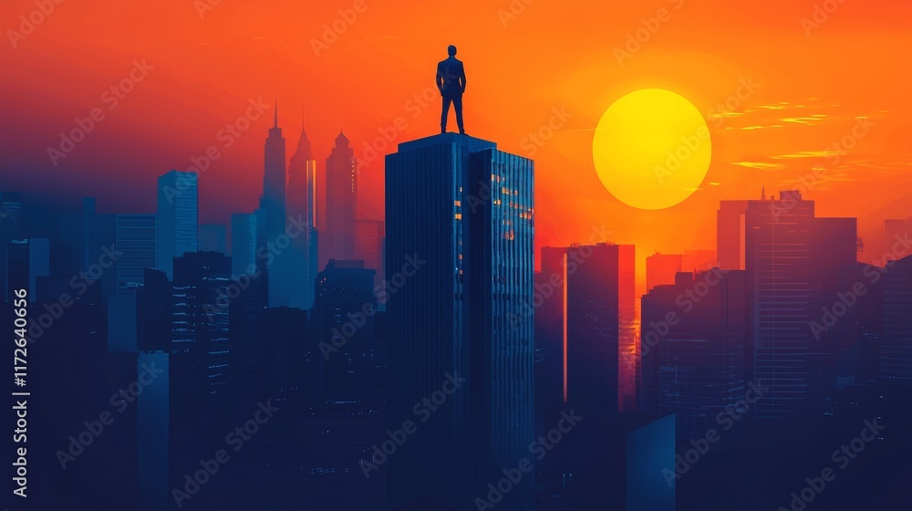 Fototapeta premium Silhouette of a businessman standing on the top building on sunses