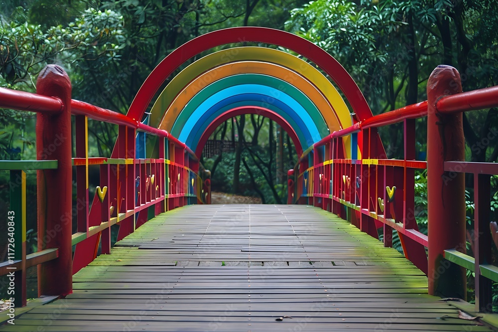 A cute pedestrian bridge with a rainbow-colored arch and heart-shaped railings A cute pedestrian bridge with a rainbow-colored arch and heart-shaped railings