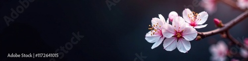White cherry blossom against inky black background with subtle glow, blossom, glow, pink