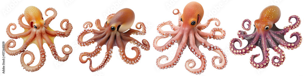 Vibrant collection of various octopus creatures swimming in an underwater aquatic ecosystem surrounded by tropical marine life and natural coral reef environment Vibrant collection of various octopus creatures swimming in an underwater aquatic ecosystem surrounded by tropical marine life and natural coral reef environment