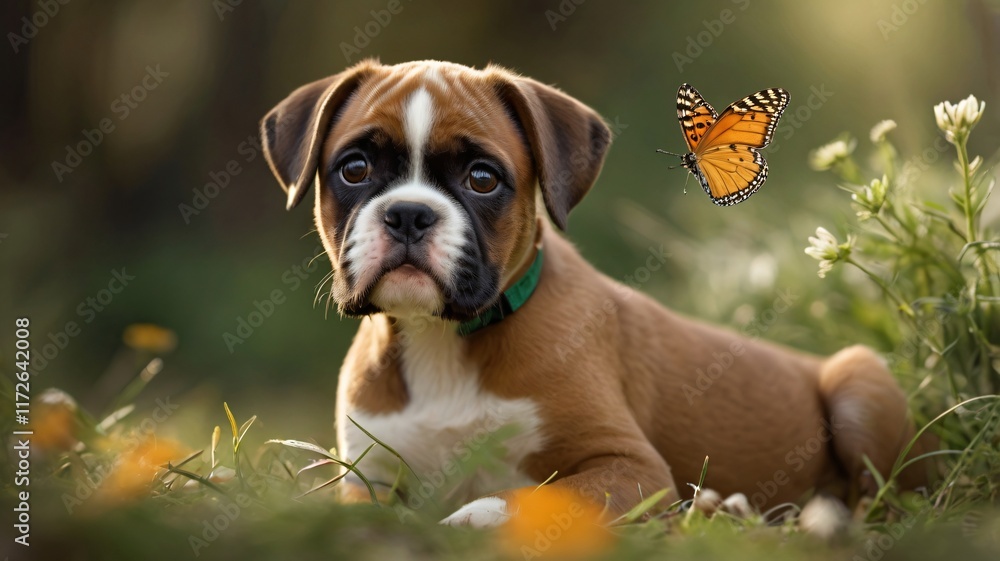 A playful young dog, likely a Boxer, rests on a bed of soft moss in a serene natural setting. A playful young dog, likely a Boxer, rests on a bed of soft moss in a serene natural setting.