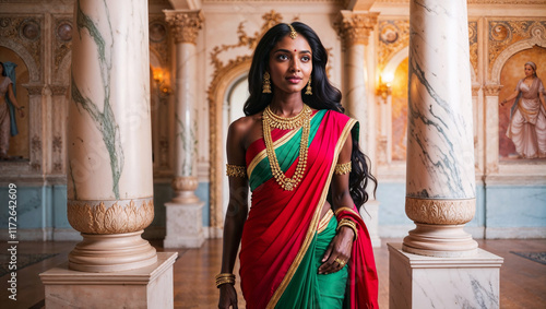 Bellissima giovane donna indiana con capelli neri e lunghi vestita in abiti tradizionali in un palazzo in India photo