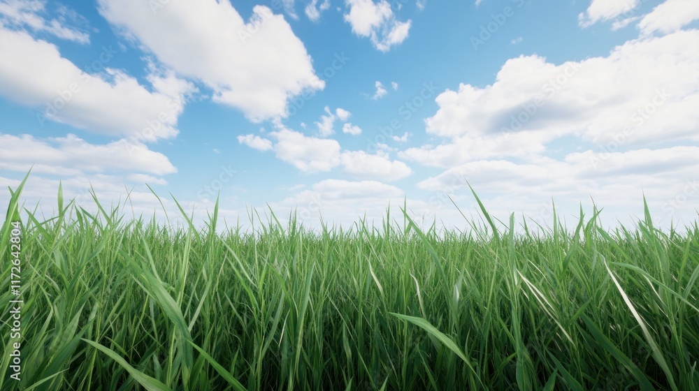 Lush green grass under a bright blue sky with fluffy clouds. Lush green grass under a bright blue sky with fluffy clouds.