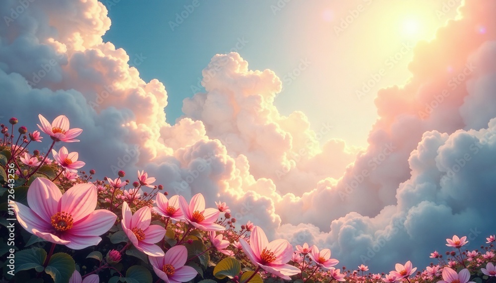 Fototapeta premium wispy cloud tendrils entwine delicate flowers, dreamy, serene landscape