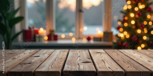 Rustic wooden table in front of a blurred winter holiday scene with a decorated tree and presents