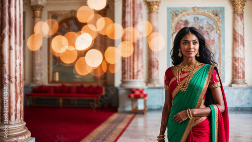 Bellissima giovane donna indiana con capelli neri e lunghi vestita in abiti tradizionali in un palazzo in India photo