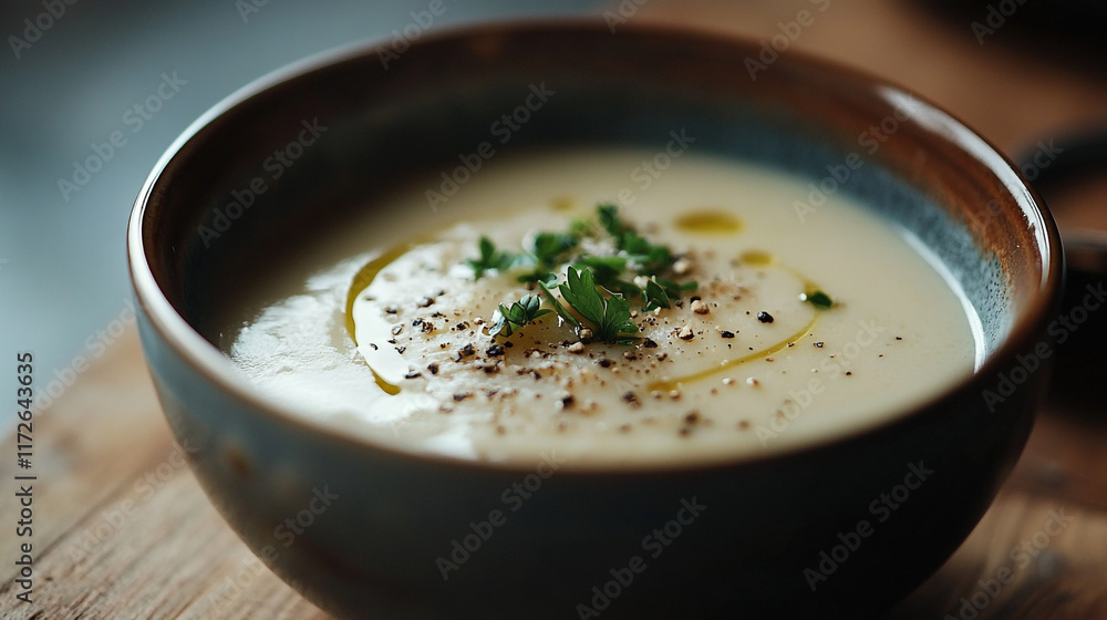 Creamy soup served in a rustic bowl garnished with herbs and olive oil Creamy soup served in a rustic bowl garnished with herbs and olive oil