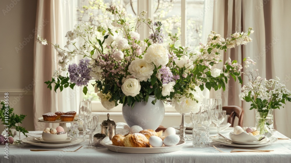 Elegant Easter table setting with a large floral arrangement, pastel-colored eggs, pastries, and fine glassware. Elegant Easter table setting with a large floral arrangement, pastel-colored eggs, pastries, and fine glassware.