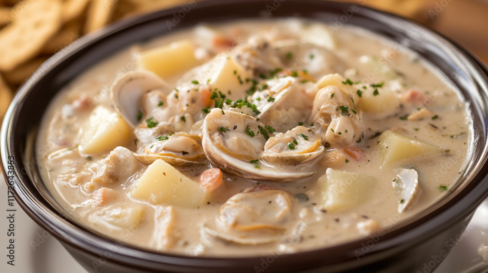 Clam chowder served in a bowl with diced potatoes and herbs beside crackers Clam chowder served in a bowl with diced potatoes and herbs beside crackers