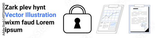 Padlock with keyhole, clipboard with line graphs and charts, and signed document with text. Ideal for security, privacy, data analysis, contractual agreements, business transactions, digital