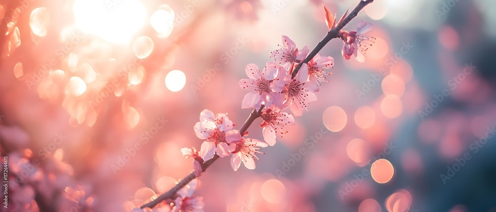 Cherry blossom tree in full bloom with soft pink petals illuminated by warm sunlight in a serene spring atmosphere, Macro photo of lovely pink almond blossoms against a copy space Cherry blossom tree in full bloom with soft pink petals illuminated by warm sunlight in a serene spring atmosphere, Macro photo of lovely pink almond blossoms against a copy space
