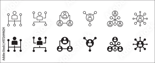 Business teamwork and connection vector icon set. Business network icons. Contains symbol icons of connection, collaboration, management, team, group, relationship, leadership, deliberation, forum.