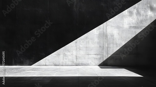 Abstract Black and White Backgrounds. A black and white photograph of a concrete wall, divided by a diagonal line of light and shadow, showcasing architectural minimalism.