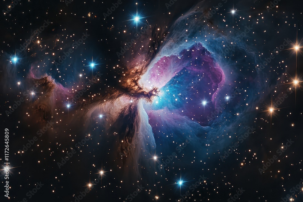 Colorful cosmic nebula illuminated by distant stars in the vastness of space during a stunning celestial display Colorful cosmic nebula illuminated by distant stars in the vastness of space during a stunning celestial display