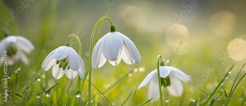 Close up of delicate white flowers blooming on a lush green meadow ,In springtime, tender growth adorns meadows with blooming flowers, Orchids like Miltonopsis or Lycaste Virginalis Alba on a green  photo