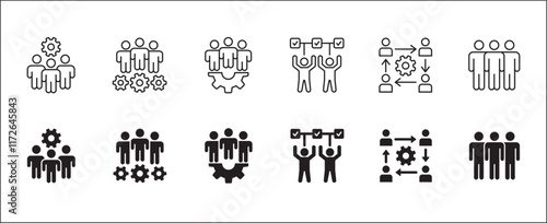 Business teamwork and connection vector icon set. Business network icons. Contains symbol icons of connection, collaboration, management, team, group, relationship, leadership, deliberation, forum.