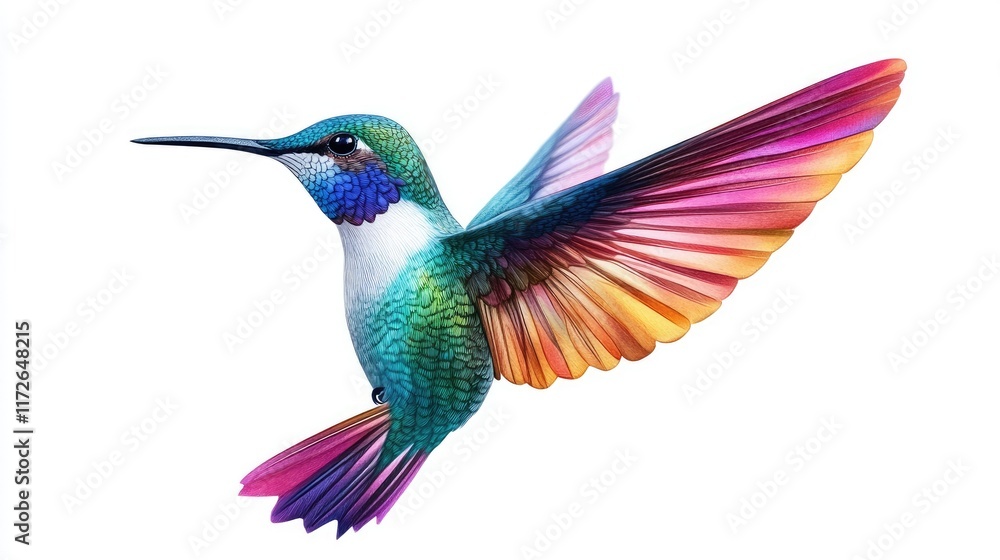 Fototapeta premium A vibrant, colorful hummingbird in mid-flight, showcasing its iridescent feathers.