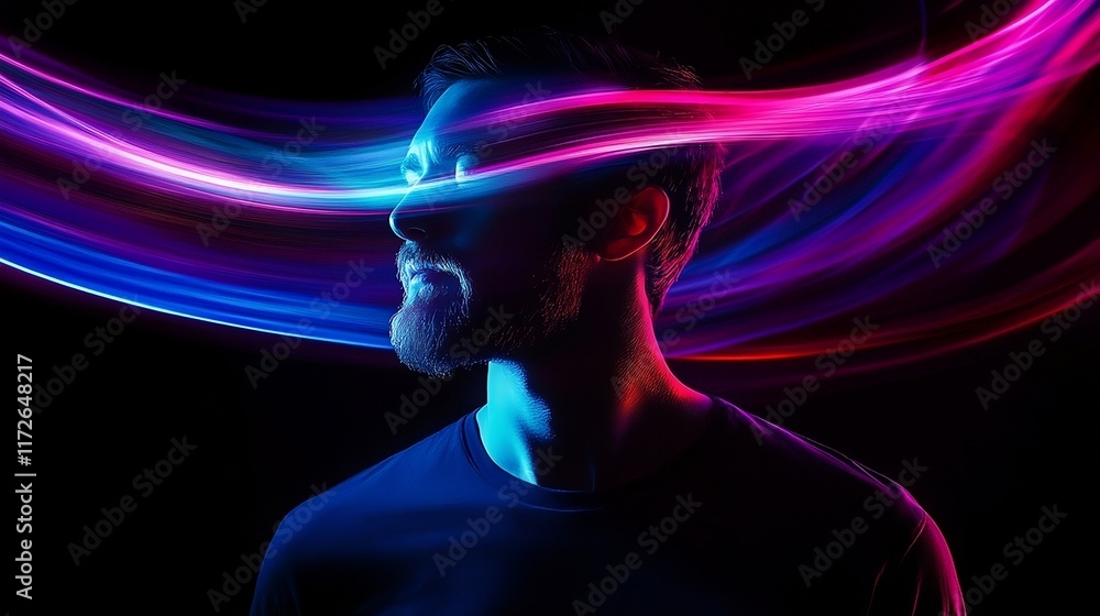 Man with Neon Light Trails: Vibrant Blue and Pink Streaks in Dark Background Man with Neon Light Trails: Vibrant Blue and Pink Streaks in Dark Background