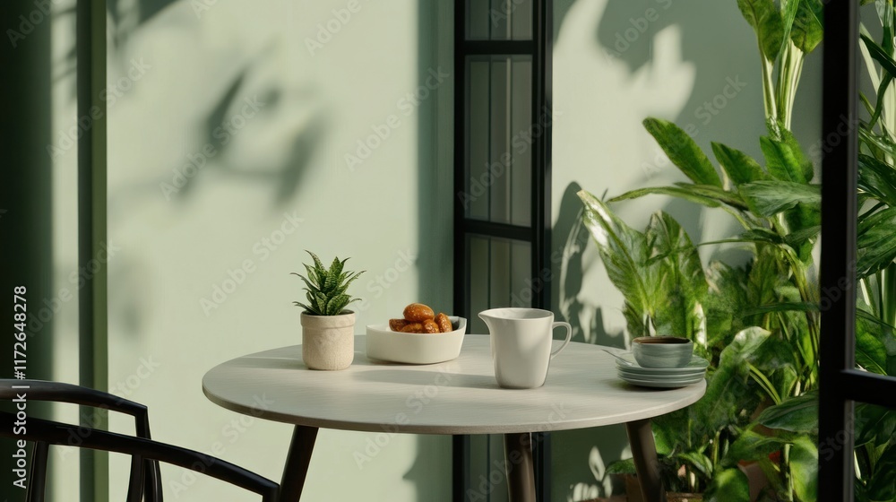 Fototapeta premium Cozy table setting with plants, snacks, and a beverage.