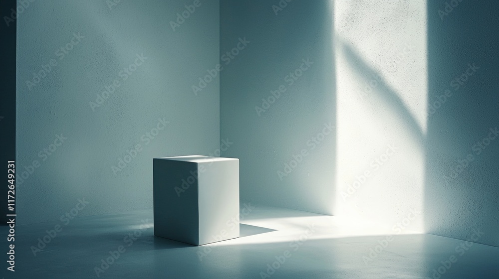 Fototapeta premium Minimalist interior space with a white cube and natural light in a modern setting