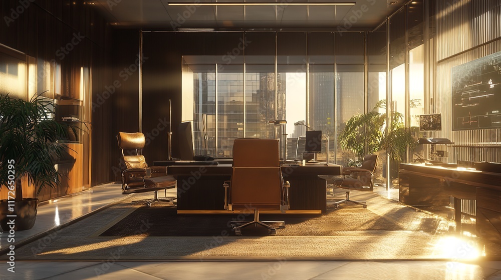 Fototapeta premium Luxurious office with warm sunlight and greenery - generative ai
