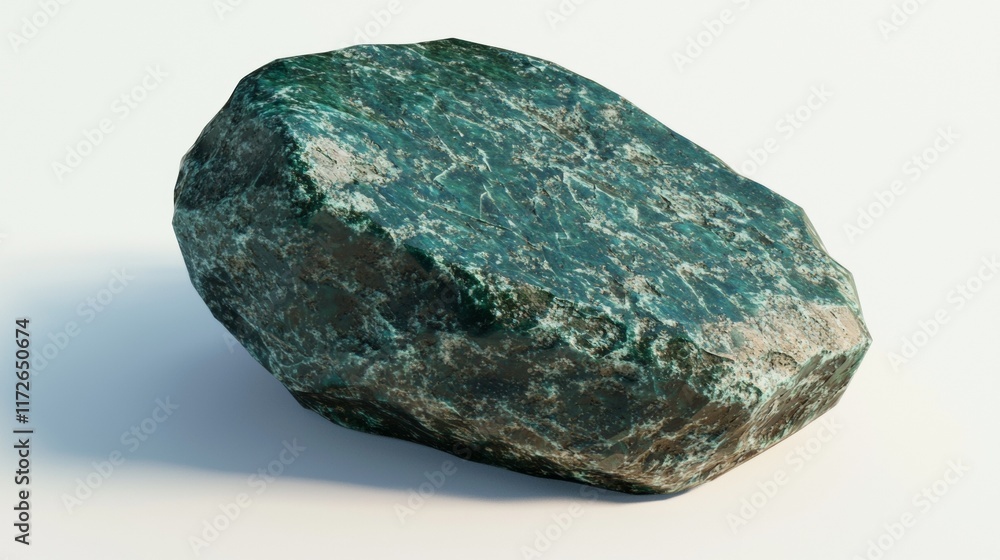 Fototapeta premium Bright green rock with unique texture and mineral composition on a light background showcasing geological features