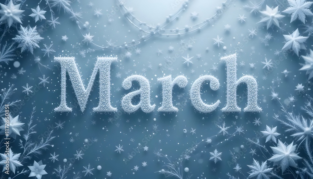 Elegant Minimalistic Winter Design Featuring the Word March in Frosty Bold Lettering Surrounded by Soft Snowflakes and Winter-Themed Elements Elegant Minimalistic Winter Design Featuring the Word March in Frosty Bold Lettering Surrounded by Soft Snowflakes and Winter-Themed Elements