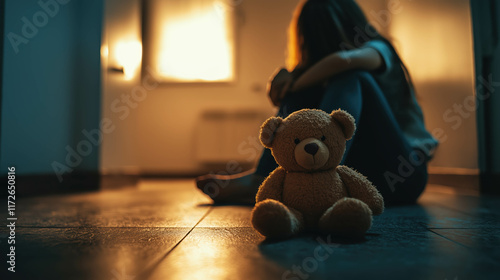 A symbolic image of a child’s teddy bear lying abandoned on the floor of a dimly lit room. In the blurred background, a silhouette of a child sits on the floor, hugging her knees, victim and violence