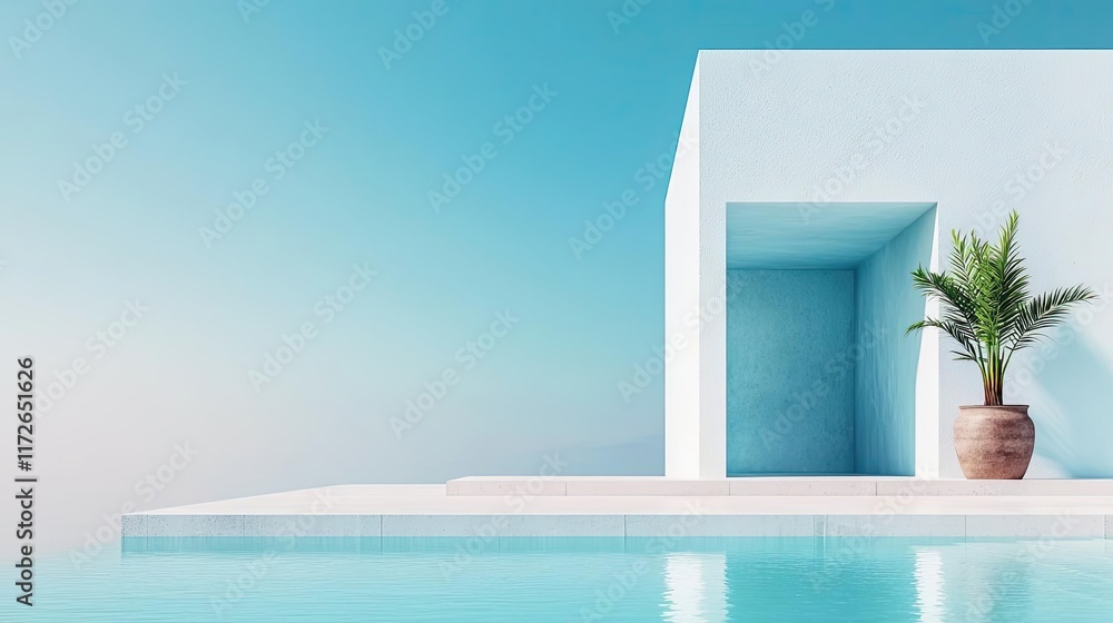 Fototapeta premium Minimal skies concept. A modern architectural design with a pool and a serene blue backdrop.