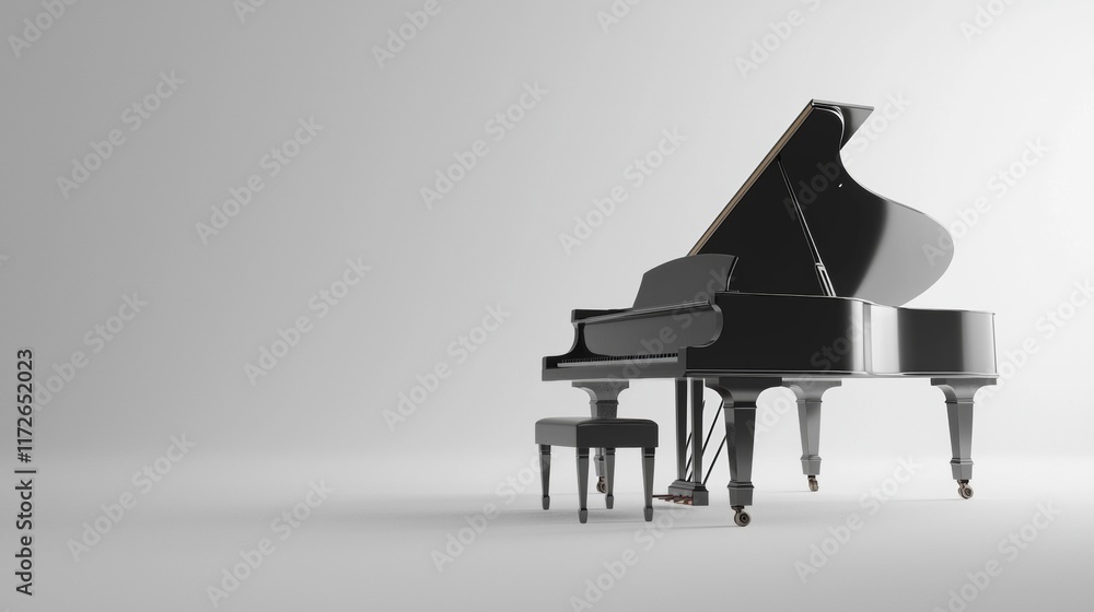 Elegant grand piano with bench in minimalist indoor setting showcasing fine craftsmanship and design during daylight hours Elegant grand piano with bench in minimalist indoor setting showcasing fine craftsmanship and design during daylight hours