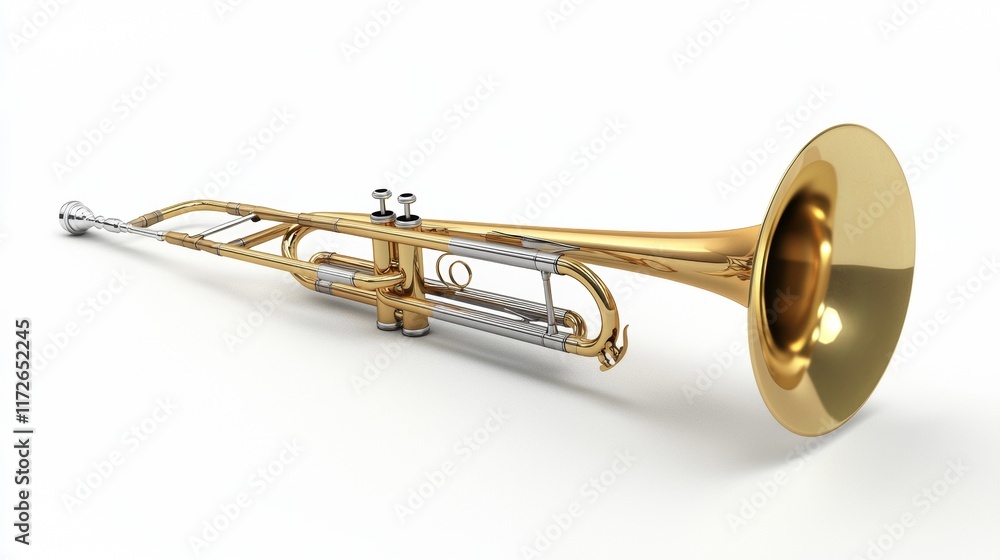 Obraz premium Beautiful brass trumpet laid on a white background showcasing intricate design and craftsmanship
