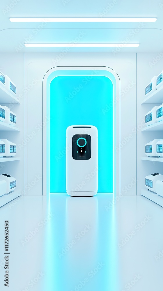 Voice Commerce A modern, futuristic room featuring a white appliance against a bright blue backdrop, flanked by shelves with neatly arranged items. Voice Commerce A modern, futuristic room featuring a white appliance against a bright blue backdrop, flanked by shelves with neatly arranged items.