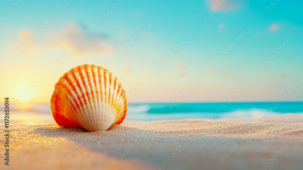 A beautiful seashell resting on soft sand under a clear sky, capturing coastal serenity. A beautiful seashell resting on soft sand under a clear sky, capturing coastal serenity.