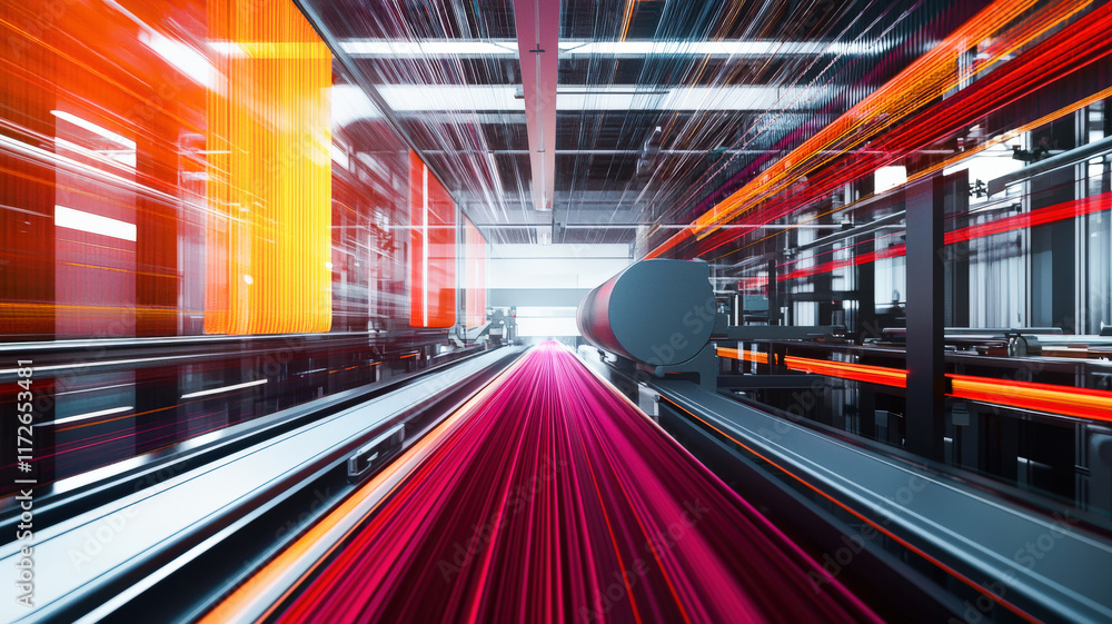 Fototapeta premium A modern textile factory bustling with activity, featuring high-speed machines spinning vibrant threads into colorful fabrics, showcasing the dynamic process of fabric production.