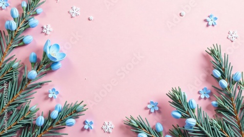 Pastel Pink Winter Floral Arrangement with Delicate Blue Flowers and Pine Branches