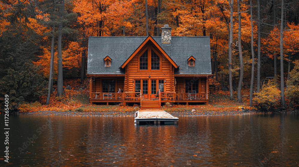 Fototapeta premium Lakeside cabin nestled in autumn forest with dock