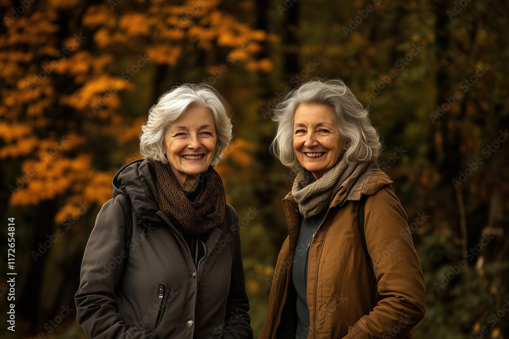 A portrait of two middle-aged women smiling, hiking in an autumn forest. Active senior lifestyle concept. A portrait of two middle-aged women smiling, hiking in an autumn forest. Active senior lifestyle concept.
