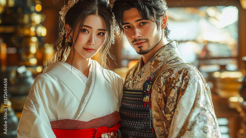 Japanese couple in traditional wedding outfits Japanese couple in traditional wedding outfits